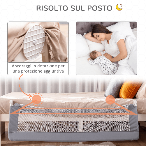 HOMCOM-Sponda-Letto-per-Bambini-da-18-Mesi-Barriera-di-Sicurezza-Universale-Anticaduta-con-Tessuto-a-Rete-150x40x60cm-Grigio