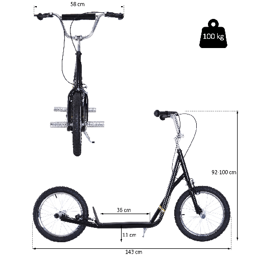 HOMCOM-Monopattino-Ruote-16-pollici-Cityroller-per-Bambini-e-Ragazzi-Nero