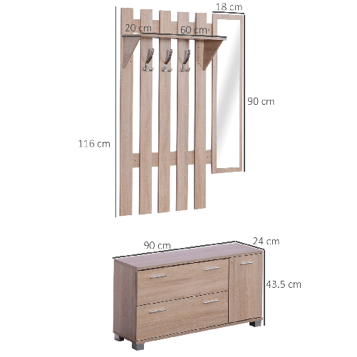 HOMCOM-Set-3-Pezzi-Scarpiera-Appendiabiti-e-Specchio-per-Ingresso-in-Legno