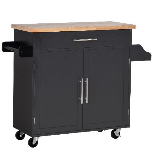 HOMCOM-Carrello-da-Cucina-con-Cassetti-Portaspezie-e-Armadietto-Carrelloda-Portata-con-4-Ruote-e-Piano-di-Lavoro-in-Legno-109x40x89cm-Nero