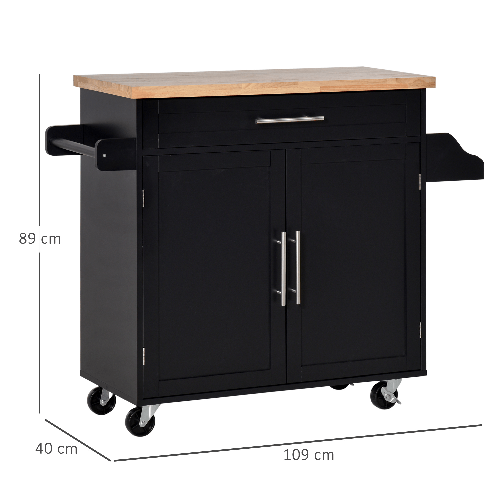 HOMCOM-Carrello-da-Cucina-con-Cassetti-Portaspezie-e-Armadietto-Carrelloda-Portata-con-4-Ruote-e-Piano-di-Lavoro-in-Legno-109x40x89cm-Nero