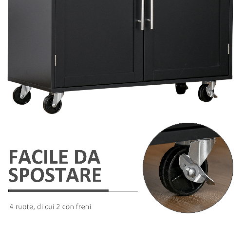 HOMCOM-Carrello-da-Cucina-con-Cassetti-Portaspezie-e-Armadietto-Carrelloda-Portata-con-4-Ruote-e-Piano-di-Lavoro-in-Legno-109x40x89cm-Nero