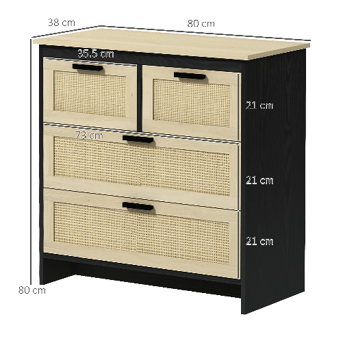 HOMCOM-Cassettiera-4-Cassetti-in-Truciolato-e-Rattan-per-Soggiorno-e-Camera-da-Letto-80x38x80-cm-Nero-e-Color-Legno