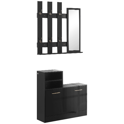 HOMCOM-Set-Appendi-Abiti-da-Ingresso-con-Specchio-e-Panca-Scarpiera-per-8-Paia-di-Scarpe-Nero-Lucido