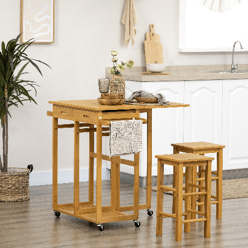 HOMCOM-Carrello-da-Cucina-con-Tavolino-Pieghevole-e-2-Sgabelli-Ruote-e-Cassetti-in-Legno-di-Bambu