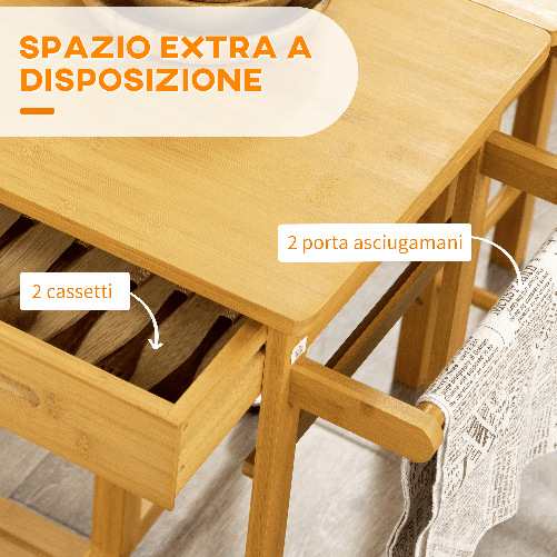 HOMCOM-Carrello-da-Cucina-con-Tavolino-Pieghevole-e-2-Sgabelli-Ruote-e-Cassetti-in-Legno-di-Bambu