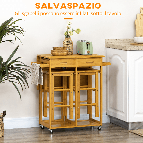 HOMCOM-Carrello-da-Cucina-con-Tavolino-Pieghevole-e-2-Sgabelli-Ruote-e-Cassetti-in-Legno-di-Bambu