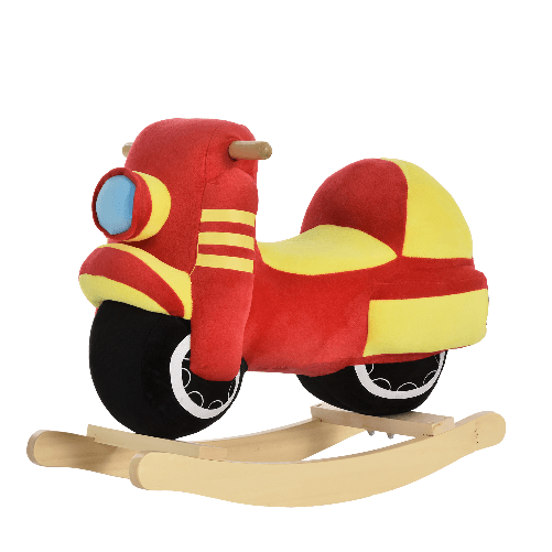 HOMCOM-Dondolo-per-Bambini-a-Forma-di-Moto-in-Legno-e-Peluche-Rosso-e-Giallo-con-Suoni-Realistici