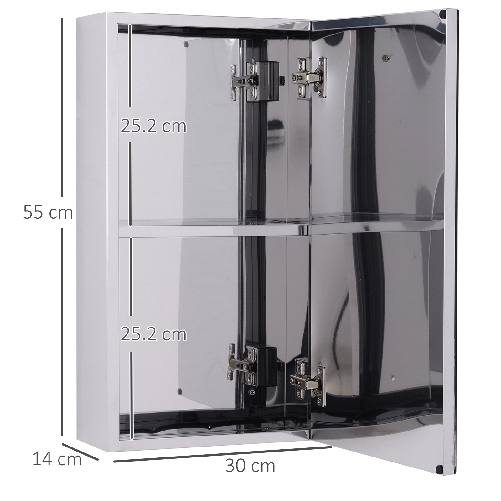 HOMCOM-Specchiera-Bagno-in-Acciaio-con-Anta-e-Vano-Contenitore-a-2-Ripiani-55x14x30cm