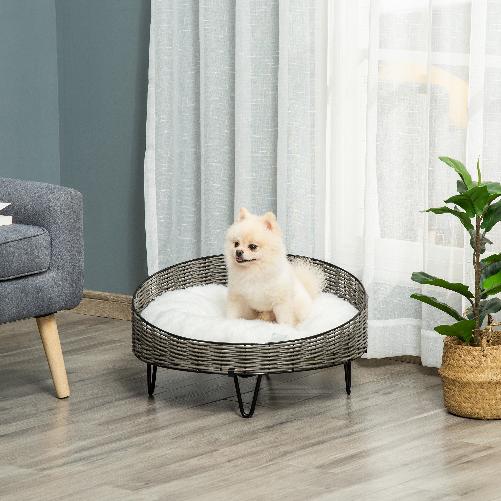 PawHut-Cuccia-per-Cani-e-Gatti-in-Rattan-PE-con-Cuscino-in-Peluche-Lavabile-Φ60x32cm-Grigio-Scuro