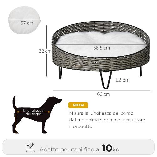 PawHut-Cuccia-per-Cani-e-Gatti-in-Rattan-PE-con-Cuscino-in-Peluche-Lavabile-Φ60x32cm-Grigio-Scuro