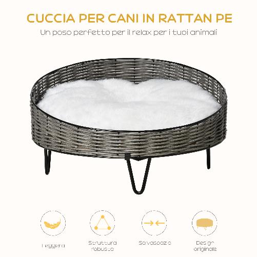 PawHut-Cuccia-per-Cani-e-Gatti-in-Rattan-PE-con-Cuscino-in-Peluche-Lavabile-Φ60x32cm-Grigio-Scuro