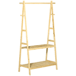 HOMCOM Stand Appendiabiti con 2 Scaffali e 4 Ganci Laterali, Struttura in Bambù, 100L x 42P x 155Acm, Color Legno