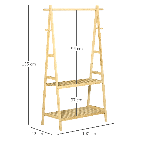 HOMCOM-Stand-Appendiabiti-con-2-Scaffali-e-4-Ganci-Laterali-Struttura-in-Bambu-100L-x-42P-x-155Acm-Color-Legno