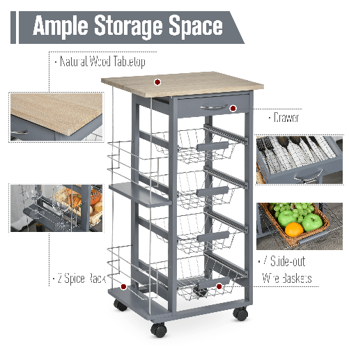 HOMCOM-Carrello-da-Cucina-in-Grigio-Scuro-con-1-Cassetto-e-4-Cestelli-Metallici