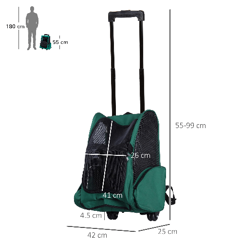 PawHut-Trasportino-Zaino-2-in-1-per-Cani-e-Gatti-con-Tasche-Laterali-Maniglia-Telescopica-e-Ruote-42x25x55cm-Verde