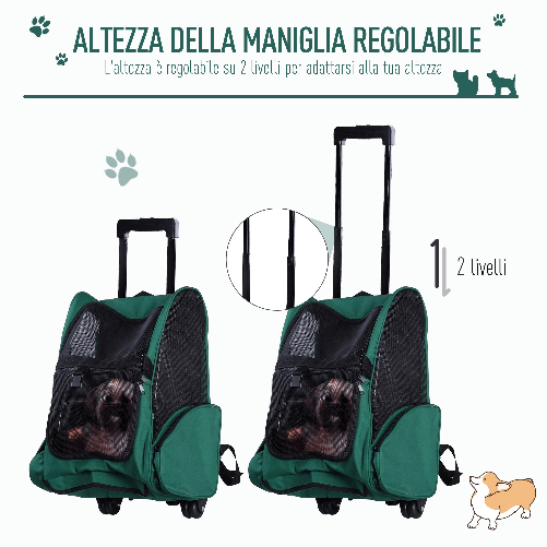 PawHut-Trasportino-Zaino-2-in-1-per-Cani-e-Gatti-con-Tasche-Laterali-Maniglia-Telescopica-e-Ruote-42x25x55cm-Verde