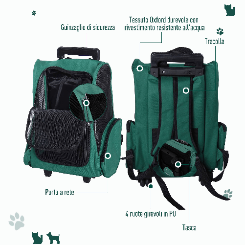 PawHut-Trasportino-Zaino-2-in-1-per-Cani-e-Gatti-con-Tasche-Laterali-Maniglia-Telescopica-e-Ruote-42x25x55cm-Verde