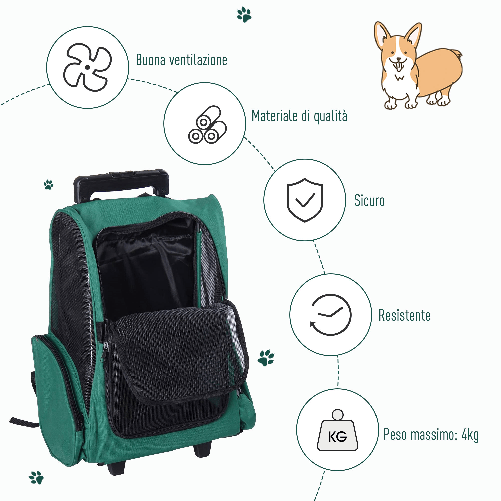 PawHut-Trasportino-Zaino-2-in-1-per-Cani-e-Gatti-con-Tasche-Laterali-Maniglia-Telescopica-e-Ruote-42x25x55cm-Verde