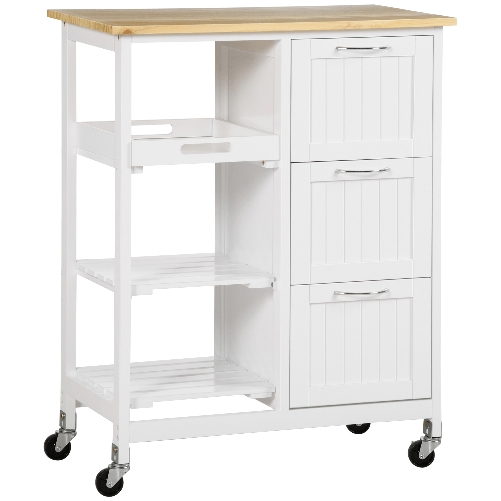 HOMCOM-Carrello-da-Cucina-con-3-Cassetti-2-Ripiani-Aperti-e-Vassoio-Rimovibile-in-MDF-e-Legno-di-Pino-67x37x87-cm