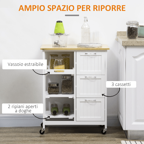 HOMCOM-Carrello-da-Cucina-con-3-Cassetti-2-Ripiani-Aperti-e-Vassoio-Rimovibile-in-MDF-e-Legno-di-Pino-67x37x87-cm