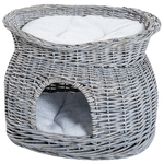 PawHut Cuccia per Gatti a 2 Ripiani In Vimini Grigio con 2 Cuscini Lavabili Interno Esterno 56 × 37 × 40cm