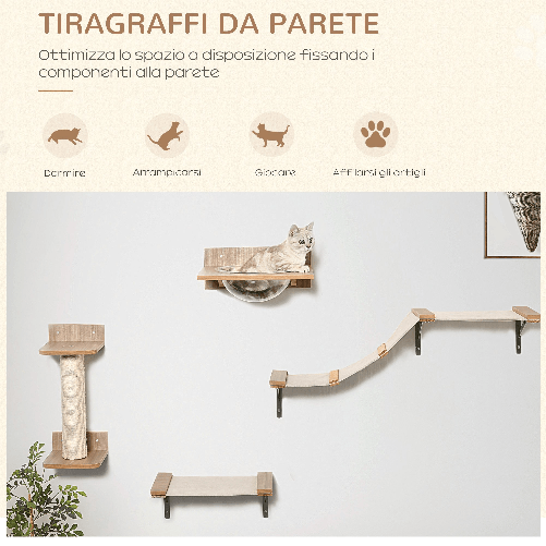 PawHut-Tiragraffi-per-Gatti-da-Parete-Set-4-Pezzi-con-Amache-Tiragraffi-a-Colonna-e-Passerella-in-Legno-e-Sisal---Marrone