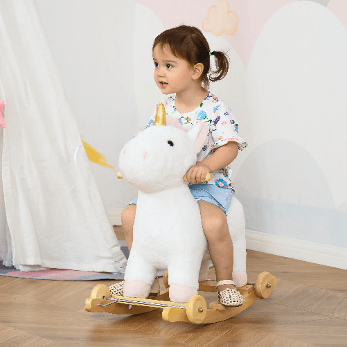 HOMCOM-Cavallo-a-Dondolo-2-in-1-a-Unicorno-con-Base-Curva-e-Ruote-Suoni-Integrati-e-Rivestimento-Peluche-63x38x63cm-Bianco