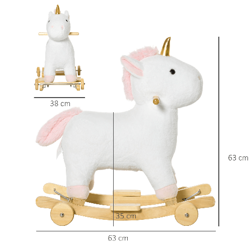 HOMCOM-Cavallo-a-Dondolo-2-in-1-a-Unicorno-con-Base-Curva-e-Ruote-Suoni-Integrati-e-Rivestimento-Peluche-63x38x63cm-Bianco