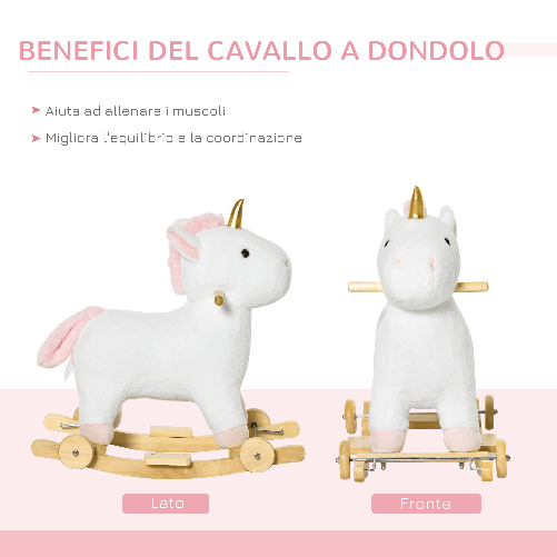 HOMCOM-Cavallo-a-Dondolo-2-in-1-a-Unicorno-con-Base-Curva-e-Ruote-Suoni-Integrati-e-Rivestimento-Peluche-63x38x63cm-Bianco