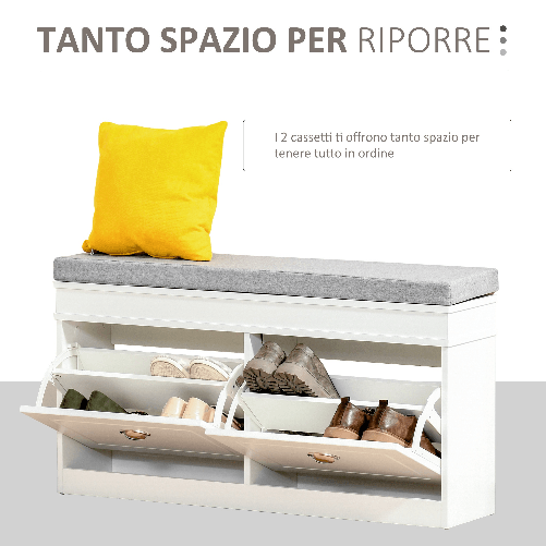 HOMCOM-Panca-Scarpiera-Salvaspazio-in-Legno-con-Cuscino-2-Cassetti-con-Mensola-Regolabile-per-8-Scarpe-104x24x55cm-Bianco