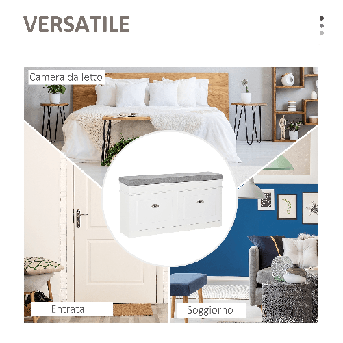 HOMCOM-Panca-Scarpiera-Salvaspazio-in-Legno-con-Cuscino-2-Cassetti-con-Mensola-Regolabile-per-8-Scarpe-104x24x55cm-Bianco