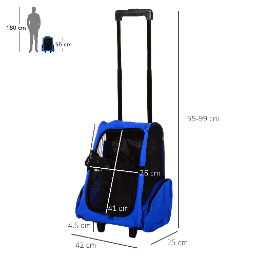 PawHut-Trasportino-Zaino-2-in-1-per-Cani-e-Gatti-con-Tasche-Laterali-Maniglia-Telescopica-e-Ruote-42x25x55cm-Blu