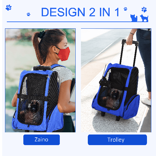 PawHut-Trasportino-Zaino-2-in-1-per-Cani-e-Gatti-con-Tasche-Laterali-Maniglia-Telescopica-e-Ruote-42x25x55cm-Blu