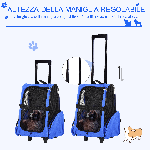 PawHut-Trasportino-Zaino-2-in-1-per-Cani-e-Gatti-con-Tasche-Laterali-Maniglia-Telescopica-e-Ruote-42x25x55cm-Blu