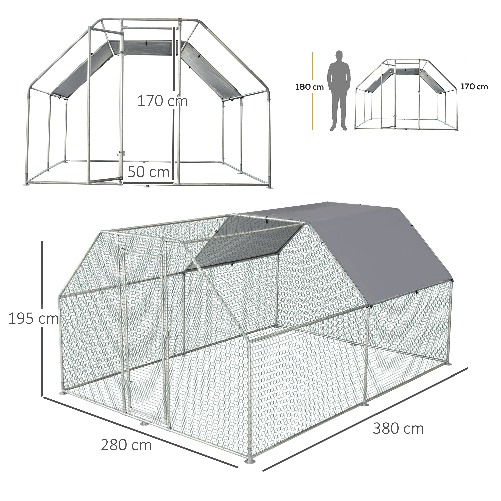 Pawhut-Recinto-Gabbia-per-Galline-da-Esterno-in-Metallo-Galvanizzato-Porta-con-Blocco-e-Sezione-con-Tessuto-Oxford-280x380x195-cm-Argento