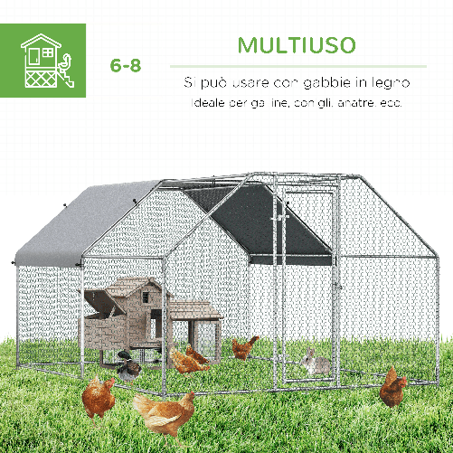 Pawhut-Recinto-Gabbia-per-Galline-da-Esterno-in-Metallo-Galvanizzato-Porta-con-Blocco-e-Sezione-con-Tessuto-Oxford-280x380x195-cm-Argento