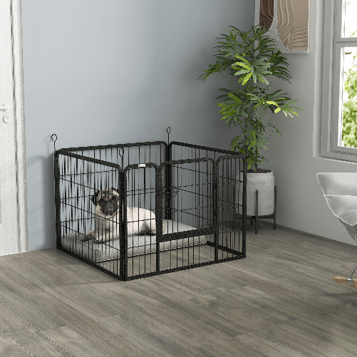 PawHut-Recinto-per-Cani-Pieghevole-in-Metallo-per-Interno-ed-Esterno-con-Porta-e-Picchetti-82x82x60cm-Grigio