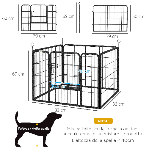 PawHut-Recinto-per-Cani-Pieghevole-in-Metallo-per-Interno-ed-Esterno-con-Porta-e-Picchetti-82x82x60cm-Grigio