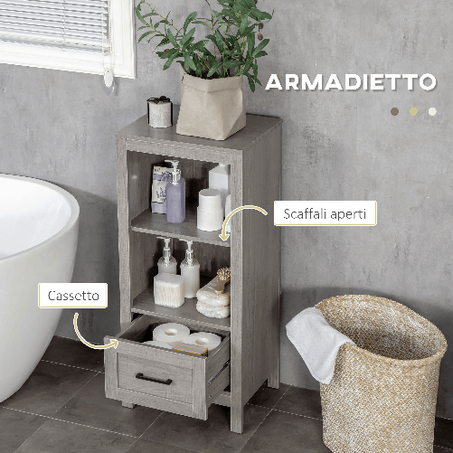 kleankin-Mobiletto-Bagno-Salvaspazio-con-Ripiani-e-Cassetto-in-Legno-40x30x89cm-Grigio