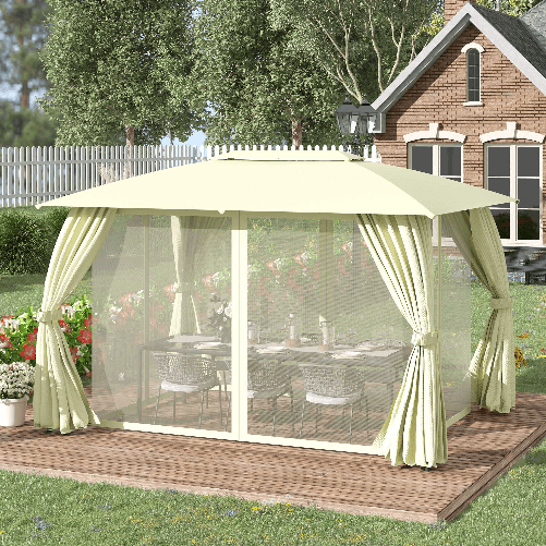 Outsunny-Gazebo-da-Giardino-4x3m-con-Doppio-Tettuccio-Pareti-in-Poliestere-e-Struttura-in-Acciaio-Beige