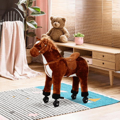 HOMCOM-Cavallo-Cavalcabile-in-Peluche-Giocattolo-con-Suoni-e-Ruote-per-Bambini-Marrone