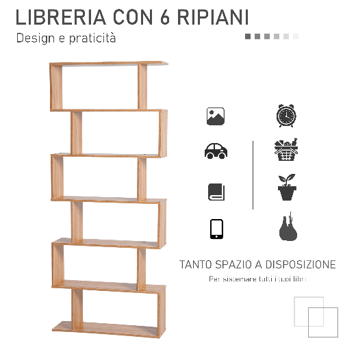 HOMCOM-Libreria-Legno-Design-Moderno-con-6-Ripiani-Legno-Naturale-80-×-23-×-192cm