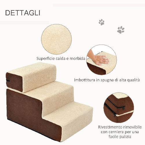 PawHut-Scala-per-Cani-e-Cuccioli-a-3-Gradini-Rimovibili-e-Antiscivolo-Beige-e-Marrone-54x40x39cm