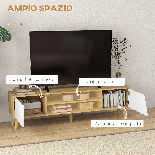 HOMCOM-Mobile-Porta-TV-fino-65--con-Armadietti-e-Ripiani-Aperti-150x30x42cm-Bianco-e-Legno