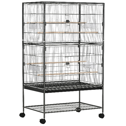 PawHut-Gabbia-per-Uccelli-da-Interni-in-Legno-con-Vassoio-4-Ruote-e-Trespolo-78x52x132cm