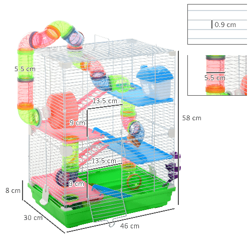 PawHut-Gabbia-con-Maniglia-per-Criceti-a-5-livelli-con-Tubi-Colorati-Ruota-per-Criceti-Scale-Casetta-e-Accessori-per-Cibo-46x30x58-cm