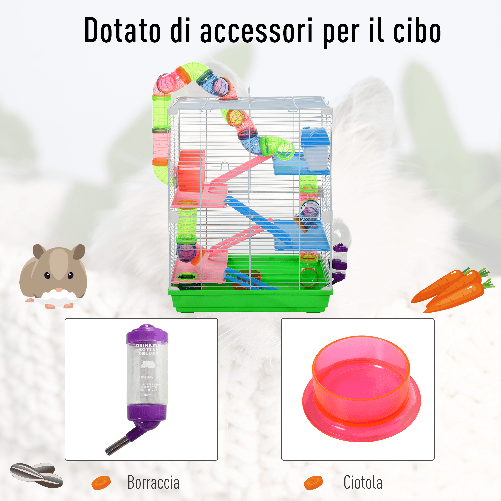 PawHut-Gabbia-con-Maniglia-per-Criceti-a-5-livelli-con-Tubi-Colorati-Ruota-per-Criceti-Scale-Casetta-e-Accessori-per-Cibo-46x30x58-cm