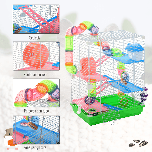 PawHut-Gabbia-con-Maniglia-per-Criceti-a-5-livelli-con-Tubi-Colorati-Ruota-per-Criceti-Scale-Casetta-e-Accessori-per-Cibo-46x30x58-cm