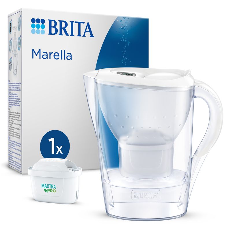 Brita-Caraffa-filtrante-Marella-bianca--2.4L--incl.-1-x-filtro-MAXTRA-PRO-All-in-1---adatta-alla-porta-del-frigorifero-con-Memo-digitale-e-coperchio-ribaltabile